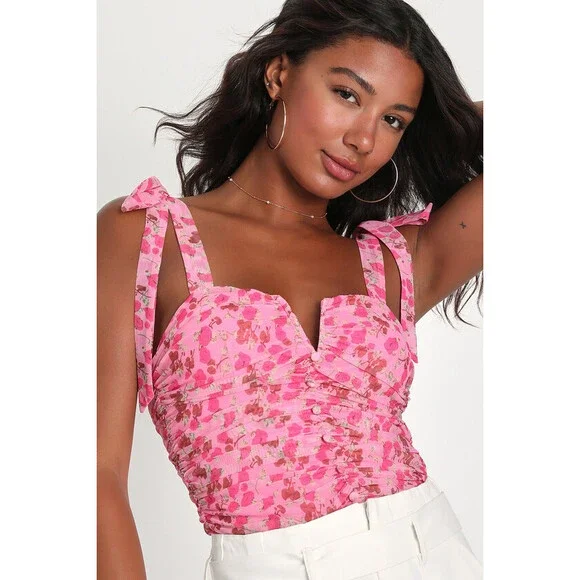 Lulus Flirtatious Sweetness Pink Floral Ruched Mesh Tie-strap Top - Size M - Picture 1 of 4